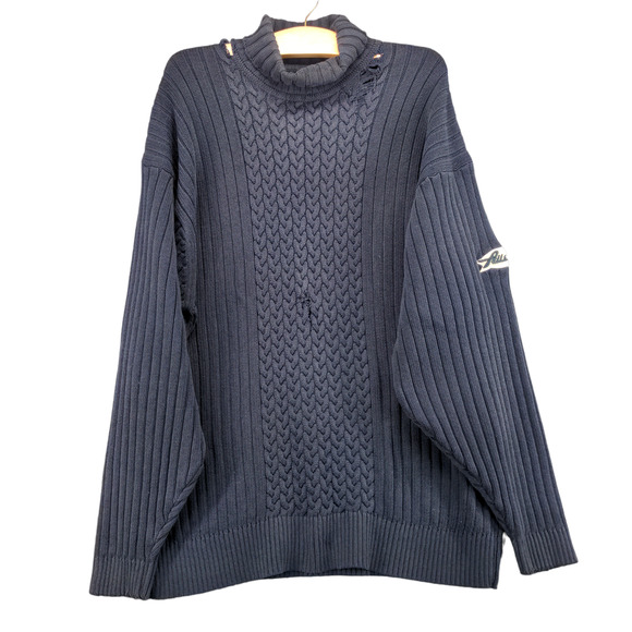 Marc Buchanan Pelle Pelle Turtleneck Sweater Mens Size XL Blue Distressed Logo - Picture 1 of 15